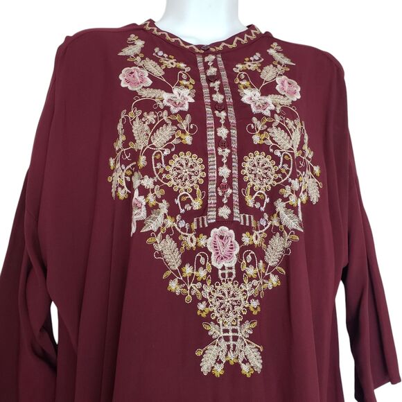 Grand & Greene Tunic Top Large Burgundy Floral Embroidered Button Front - Picture 3 of 13